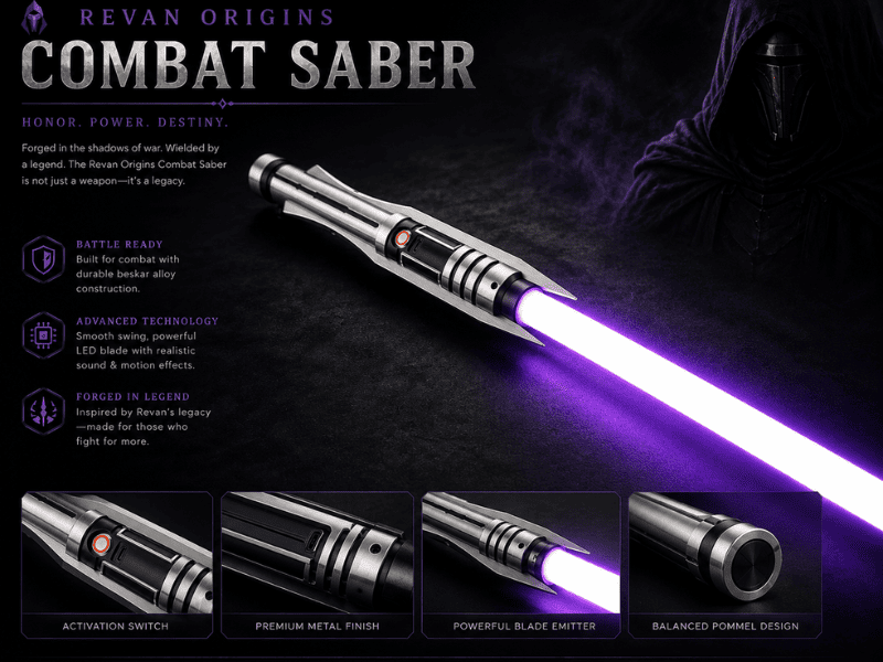 Silver Vow Neopixel lightsaber replica with straight silver and black aluminum hilt
