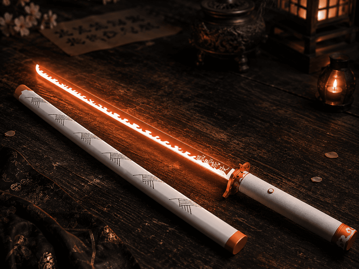 Inferno Edge Neopixel lightsaber with lily-style hilt and curved katana blade