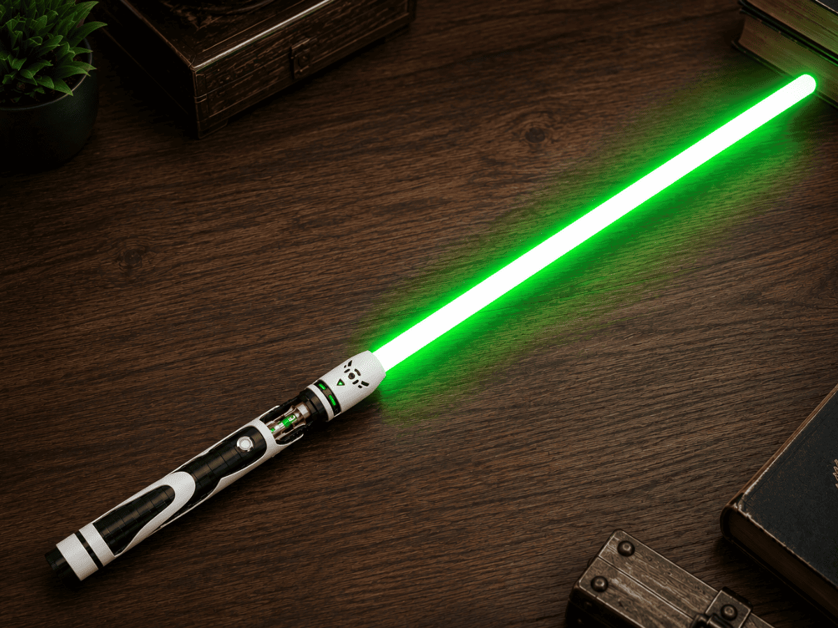 Aegis Neopixel lightsaber with black and white hilt and exposed crystal