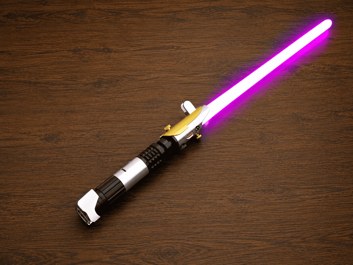 Auric Wing Neopixel lightsaber with black and silver hilt and gold emitter