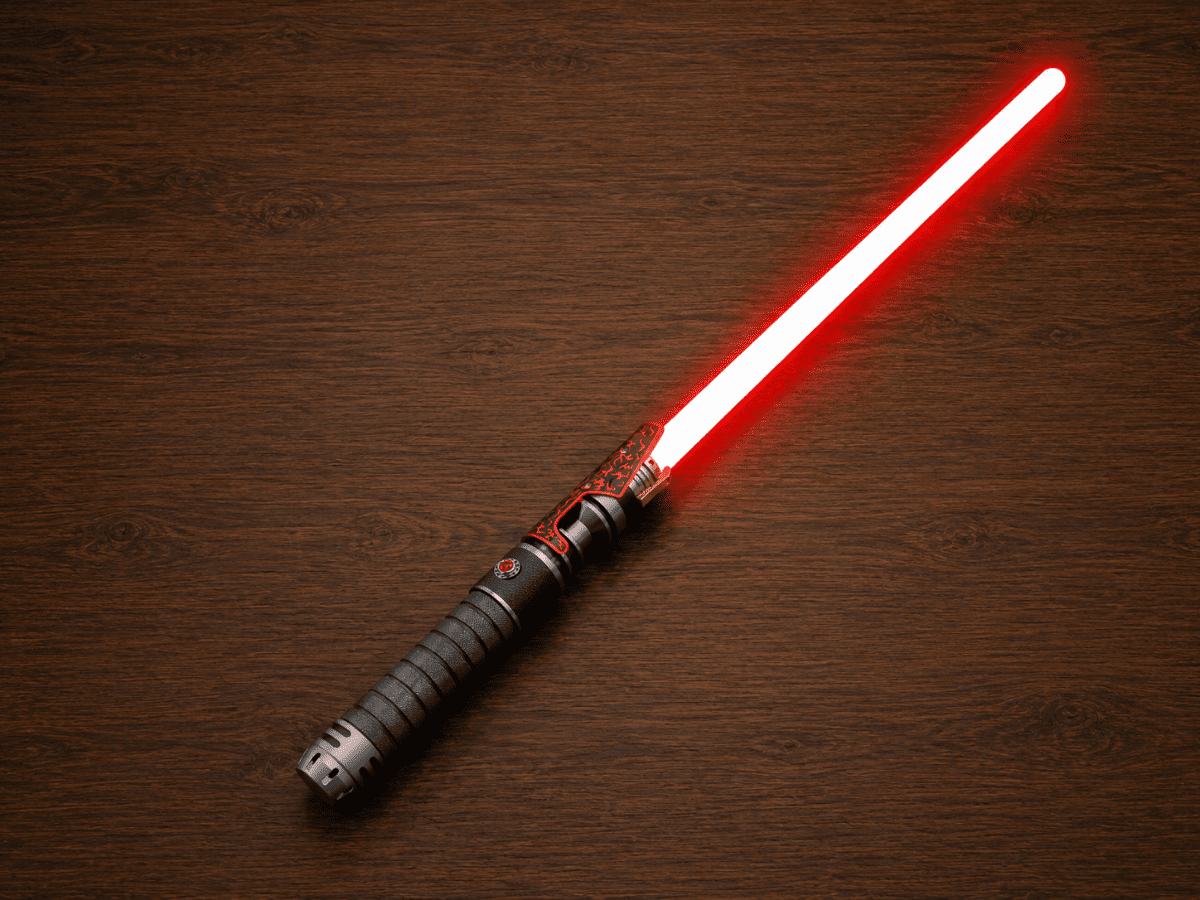 Infernal Sigil Neopixel lightsaber with dark metal hilt and crimson accents